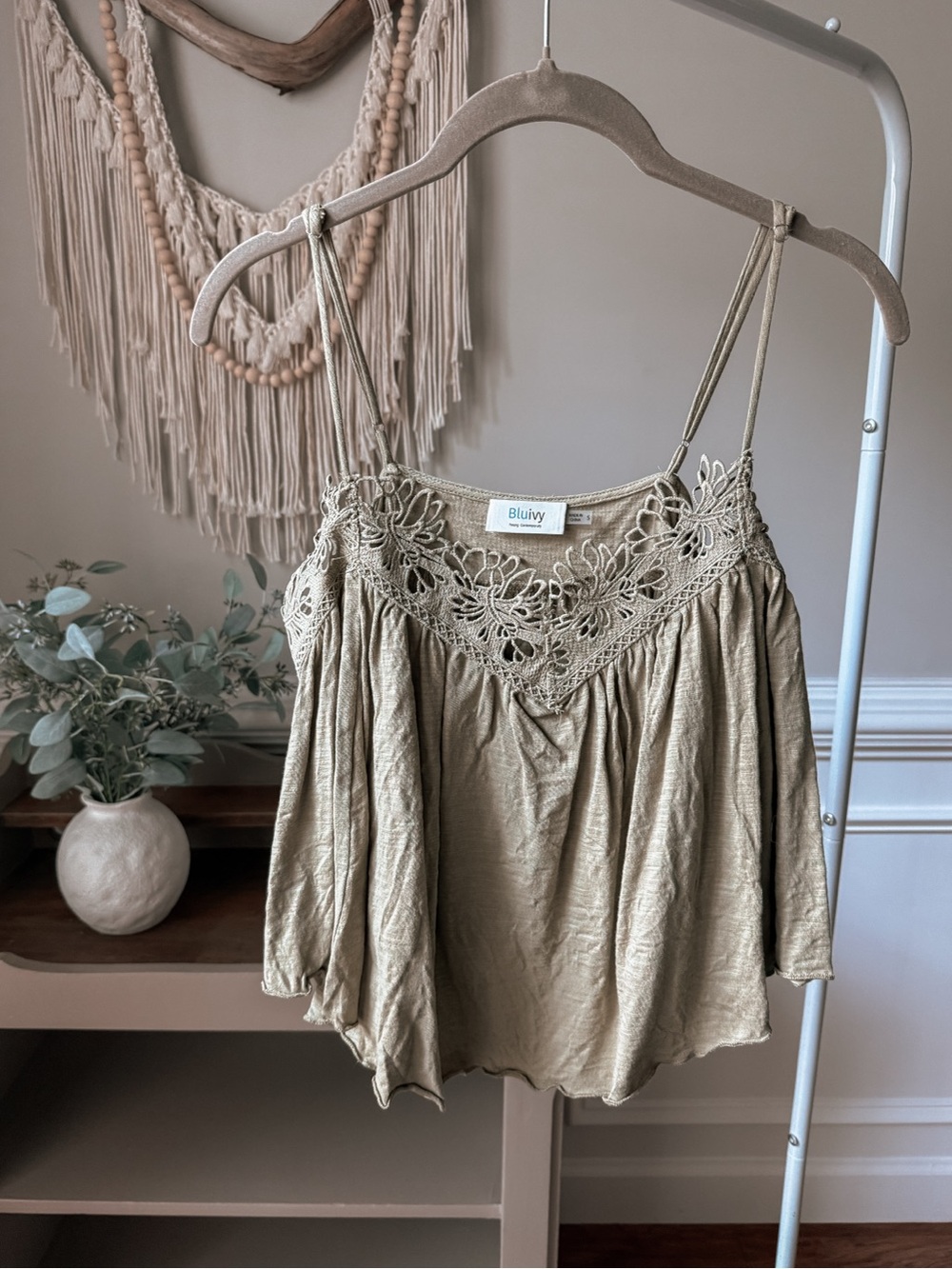 Three Bird Nest Olive Green Lace-Trim Spaghetti Strap Camisole